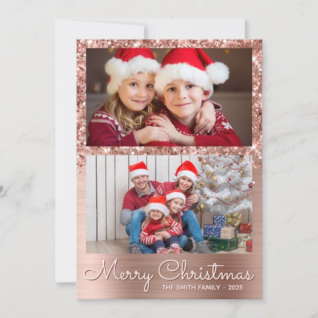 Festive Rose Gold Glam 2 Photo Collage Holiday Card (Front)