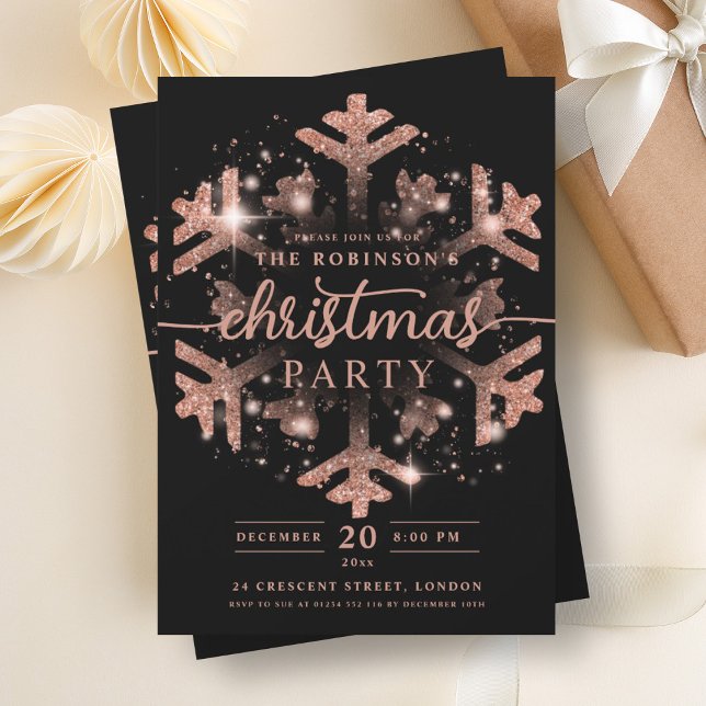 Festive Rose Gold Winter Snowflake Christmas Black Invitation (Festive Rose Gold Winter Snowflake Christmas Black Invitation)