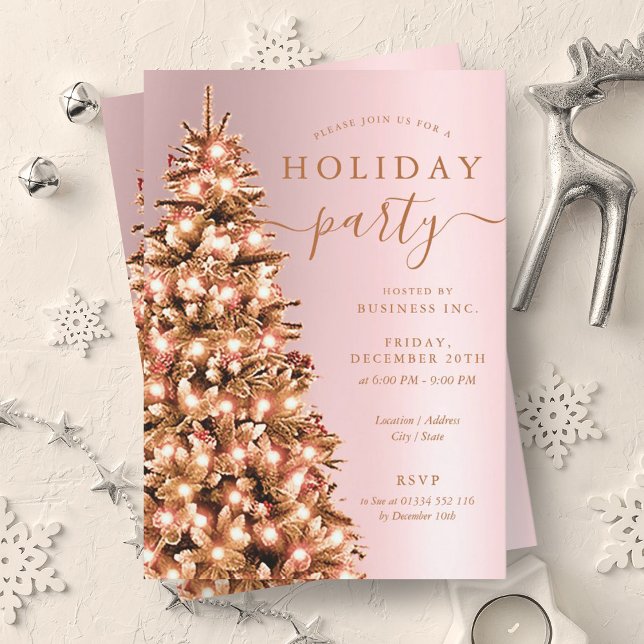 Festive Rose Gold Xmas Tree Company Holiday Party  Invitation (Festive Rose Gold Xmas Tree Company Holiday Party Invitation)