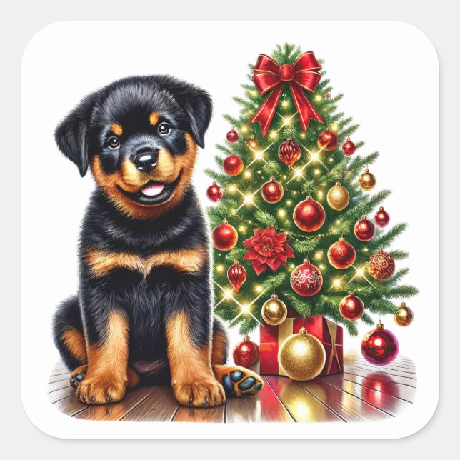 Festive Rottweiler Puppy by a Christmas Tree Square Sticker (Front)