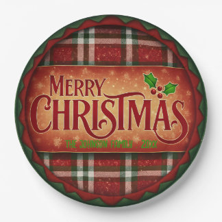 Festive Round "Merry Christmas" with Plaid  Paper Plate