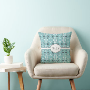 Festive Royal Botanical Robin's Egg Blue Monogram Cushion