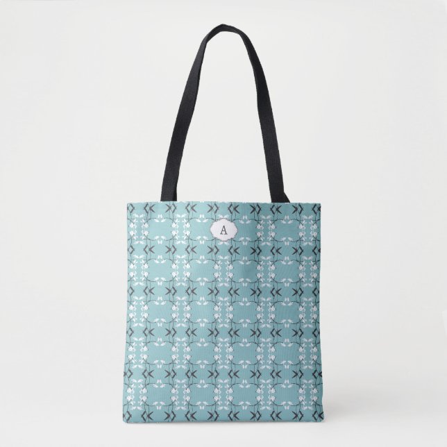 Festive Royal Botanical Robin's Egg Blue Monogram Tote Bag (Front)