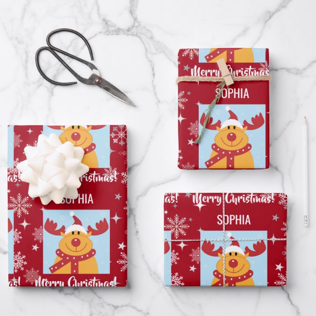 Festive Rudolph Reindeer Snow Personalised Xmas Wrapping Paper Sheet (Front)