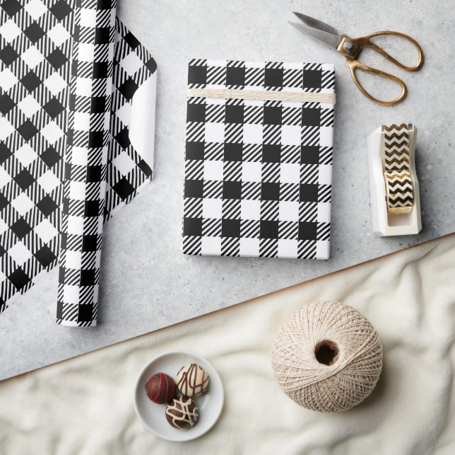 Festive Rustic Black White Gingham Plaid Pattern Wrapping Paper (Crafts)