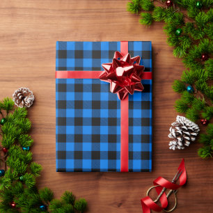 Festive Rustic Blue Black Buffalo Plaid Wrapping Paper