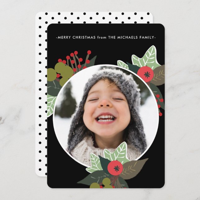 Festive Rustic Botanical Circle Photo Christmas Holiday Card (Front/Back)