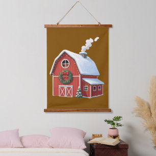Festive Rustic Farmhouse Snowy Red Barn Christmas Hanging Tapestry