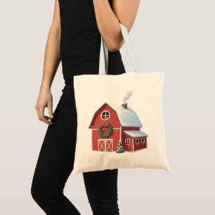 Festive Rustic Farmhouse Snowy Red Barn Christmas Tote Bag
