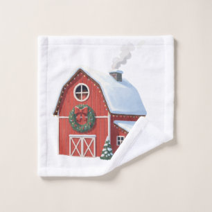 Festive Rustic Farmhouse Snowy Red Barn Christmas Wash Cloth