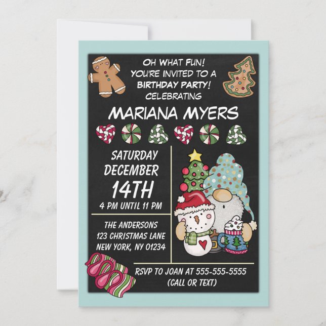 Festive Rustic Gnome Christmas Birthday Party Invitation (Front)