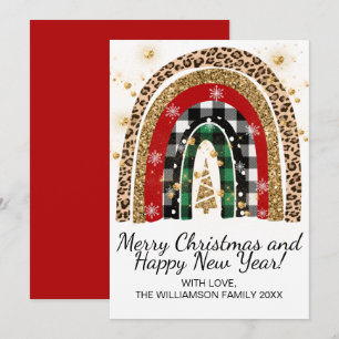 Festive Rustic Plaid Animal Print Rainbow Glitter Holiday Card