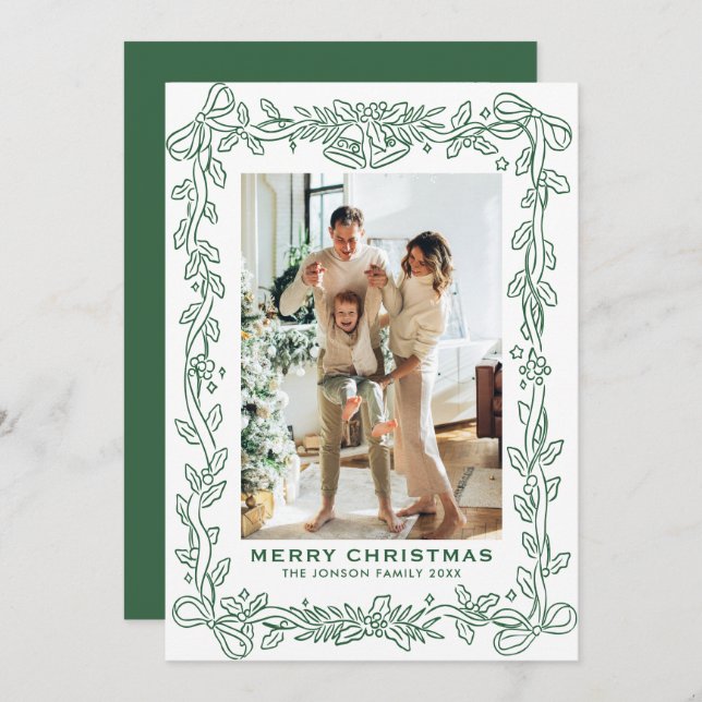 Festive Sage Green Christmas Bow Ribbon 2 Photo Ho Holiday Card (Front/Back)