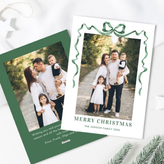Festive Sage Green Christmas Bow Ribbon 2 Photo Holiday Card (Creator Uploaded)