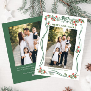 Festive Sage Green Christmas Bow Ribbon 2 Photo Holiday Card
