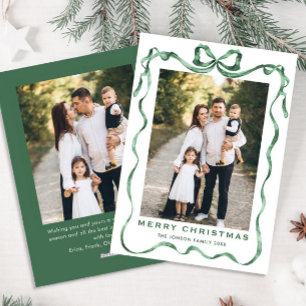 Festive Sage Green Christmas Bow Ribbon 2 Photo Holiday Card