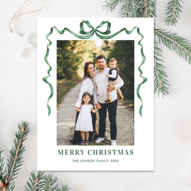 Festive Sage Green Christmas Bow Ribbon 2 Photo Postcard (Creator Uploaded)