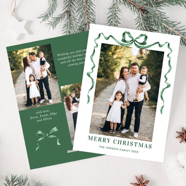Festive Sage Green Christmas Bow Ribbon 3 Photo Holiday Card (Creator Uploaded)