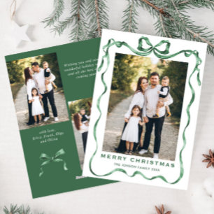 Festive Sage Green Christmas Bow Ribbon 3 Photo Holiday Card