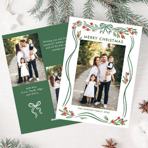 Festive Sage Green Christmas Bow Ribbon 3 Photo Holiday Card