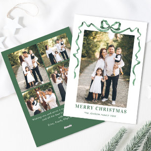 Festive Sage Green Christmas Bow Ribbon 5 Photo Holiday Card