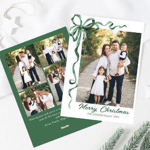 Festive Sage Green Christmas Bow Ribbon 5 Photo Holiday Card