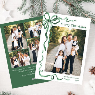 Festive Sage Green Christmas Bow Ribbon 5 Photo Holiday Card