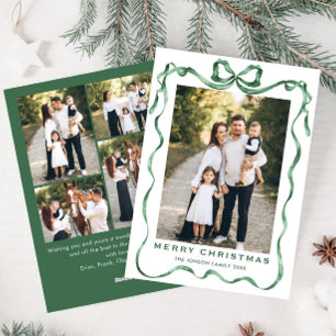 Festive Sage Green Christmas Bow Ribbon 5 Photo Holiday Card