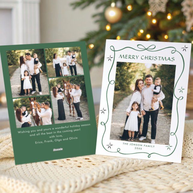Festive Sage Green Christmas Bow Ribbon 5 Photo Holiday Card (Creator Uploaded)