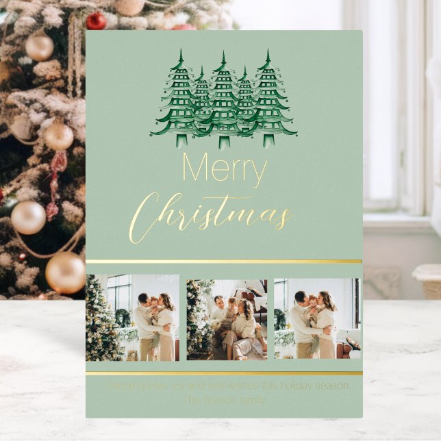 Festive Sage Green Christmas Pagoda Tree  Foil Holiday Card (Festive Sage Green Christmas Pagoda Tree Foil Holiday Card)