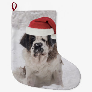 Festive Saint bernard dog with santa hat Large Christmas Stocking
