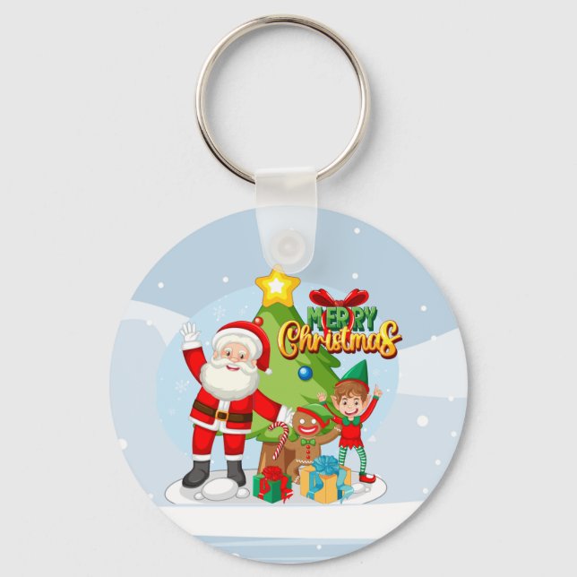 Festive Santa and Friends Christmas Card Key Ring (Front)
