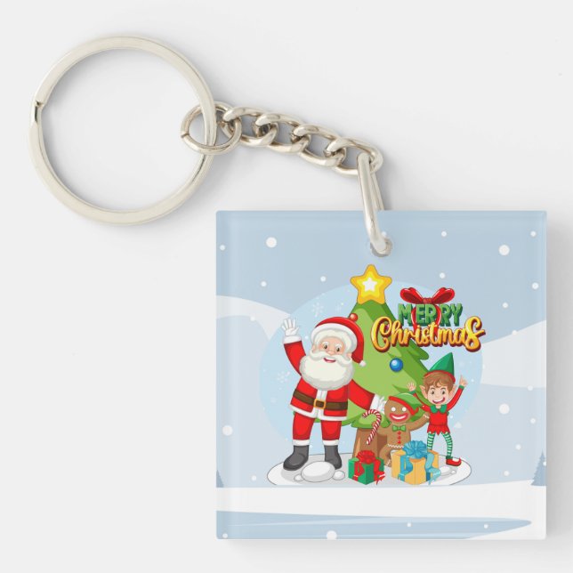 Festive Santa and Friends Christmas Card Key Ring (Front)
