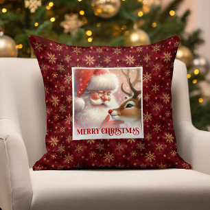 Festive Santa and Rudolph Christmas Throw Pillow 