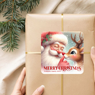 Festive Santa and Rudolph Personalized Holiday  Square Sticker