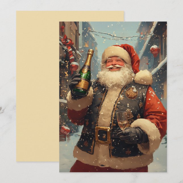 Festive Santa Celebrating with Champagne Card (Front/Back)