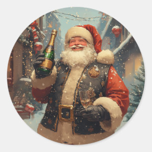 Festive Santa Celebrating with Champagne Classic Round Sticker