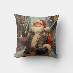 Festive Santa Celebrating with Champagne Cushion