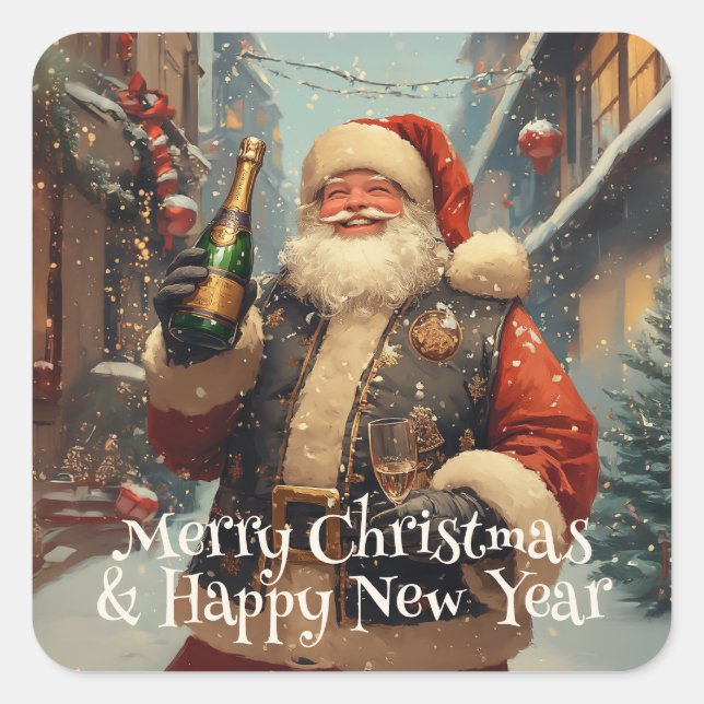 Festive Santa Celebrating with Champagne Square Sticker (Front)