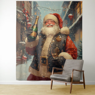 Festive Santa Celebrating with Champagne Tapestry