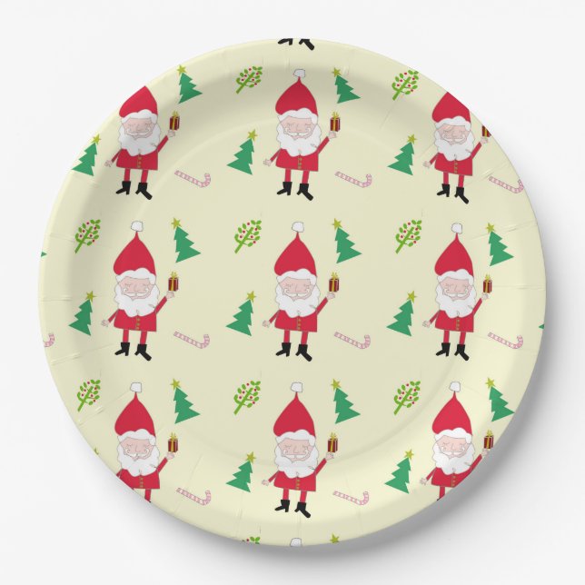 Festive Santa Claus and Christmas cons pattern Paper Plate (Front)