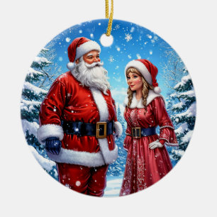 Festive Santa Claus and Mrs. Claus Ceramic Ornament