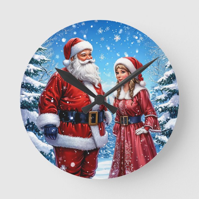 Festive Santa Claus and Mrs. Claus Round Clock (Front)