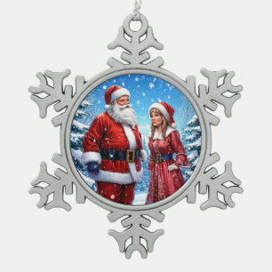 Festive Santa Claus and Mrs. Claus Snowflake Pewter Christmas Ornament