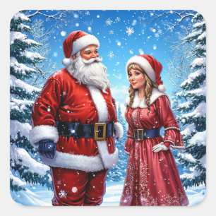 Festive Santa Claus and Mrs. Claus Square Sticker