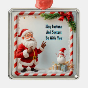 Festive Santa Claus and Snowman Metal Ornament