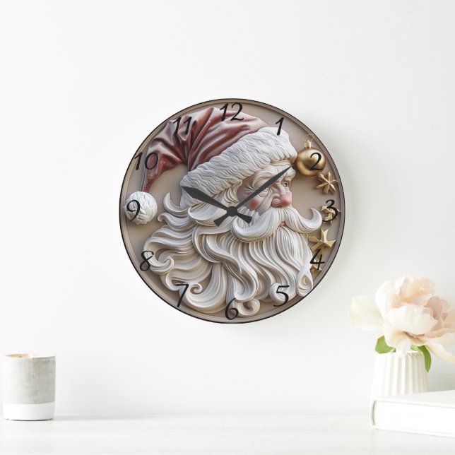 Festive Santa Claus carving adorned with ornaments Large Clock (Home)