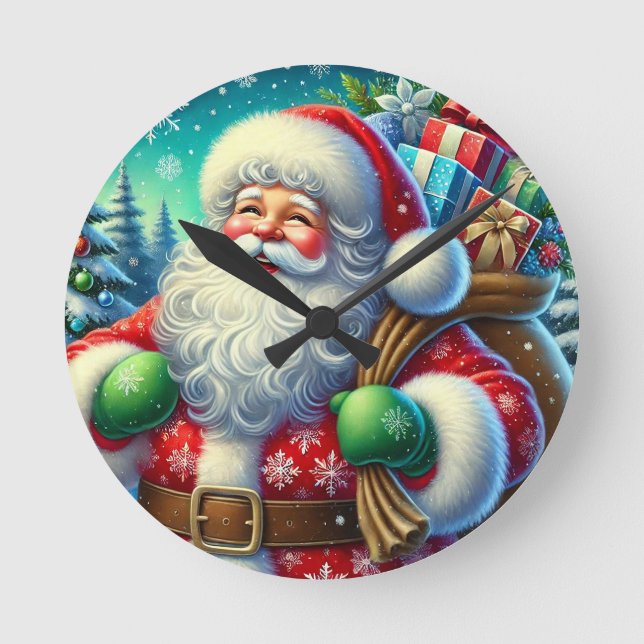 Festive Santa Claus Holding a Gift Sack Round Clock (Front)