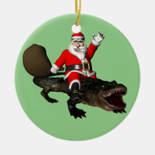 Festive Santa Claus Riding An Alligator Ceramic Tree Decoration