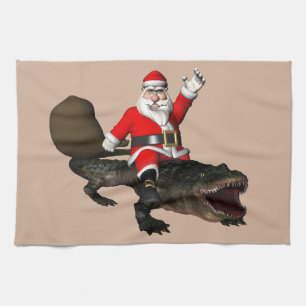 Festive Santa Claus Riding An Alligator Tea Towel